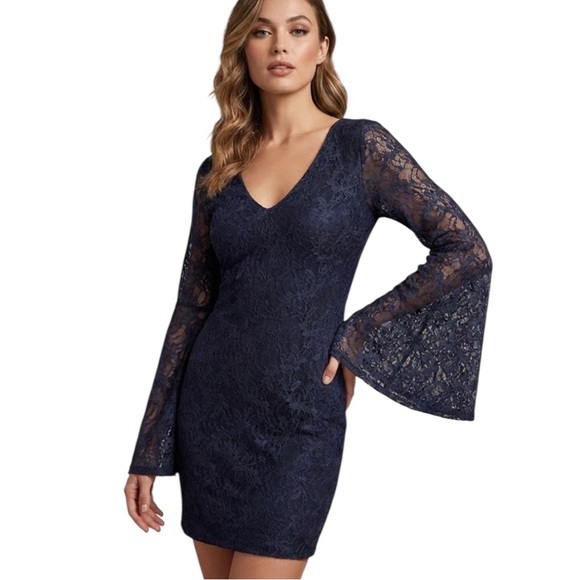 Chaser Dresses & Skirts - Chaser Women's Crochet Lace Bell Sleeve Tunic Dress Navy Blue Size Small NWT!!